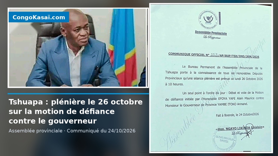 Tshuapa : Le gouverneur Armand Yambe Itoko vise par une motion de defiance, Boende retient son souffle