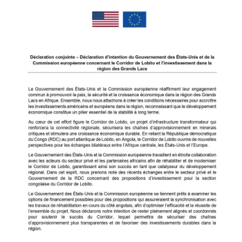 Etats-Unis – Union europeenne : Soutien reaffirme au developpement du Corridor de Lobito dans la region des Grands Lacs