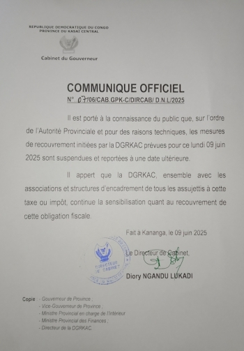 Kasai Central : L‘executif provincial suspend le recouvrement force de la DGRKAC